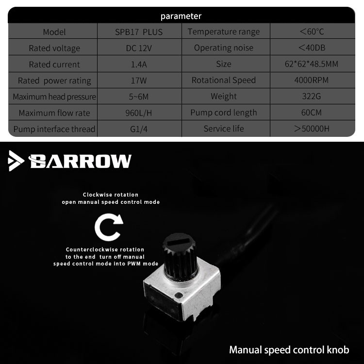 BARROW SPB17 PLUS LRC 2.0 Addressable RGB PWM Speed 17W DDC Pump