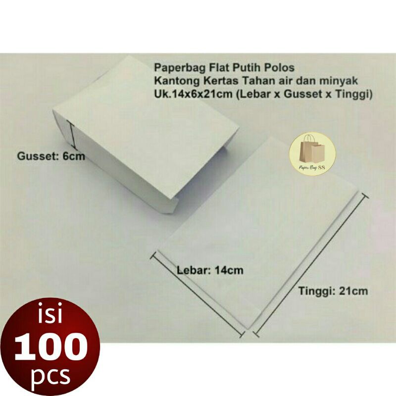 

Kantong Kertas Flat Putih Tahan Air Minyak M 14x6x21 cm (isi 100 pcs)