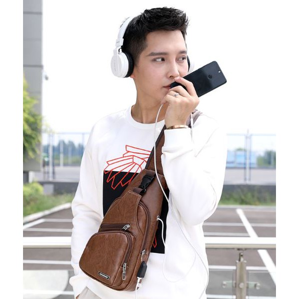 TAS KULIT SELEMPANG PRIA COKLAT RONALDO ASLI USB IMPORT MURAH TA003B7 PROMO BATAM HP DADA SLING BAG