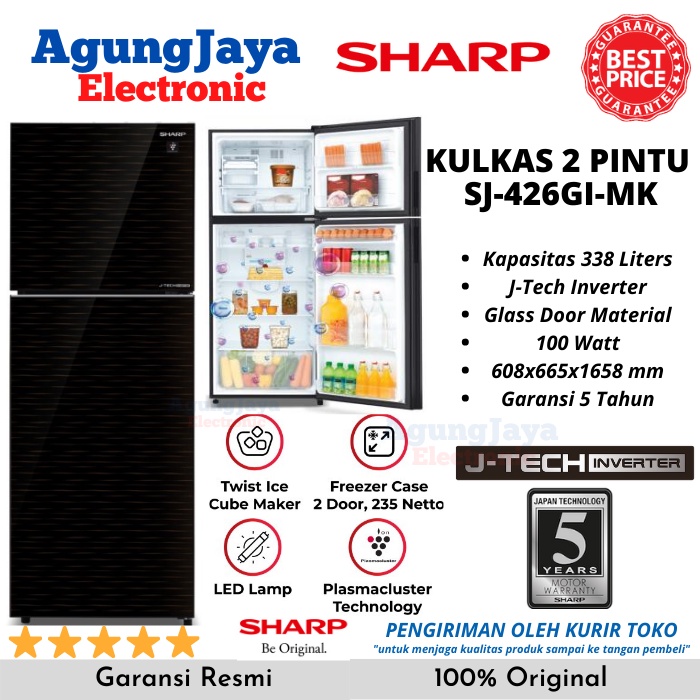 KULKAS SHARP SJ-426GI-MK J-TECH INVERTER PLASMACLUSTER LEMARI ES 2 PINTU 338 LITERS (CILEGON SERANG)