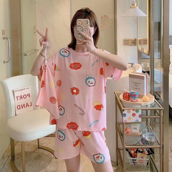Piyama Baju Tidur Import Wanita Fashion Sleepwear Spandex Stelan Rumah Baju Santai Celana Pendek z-POUCH-Dora DonutPink