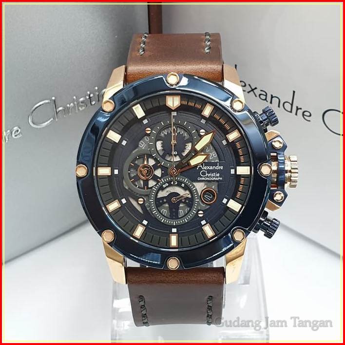 JAM TANGAN PRIA ALEXANDRE CHRISTIE AC 6416 ROSEGOLD BLUE LEATHER BROWN ORIGINAL