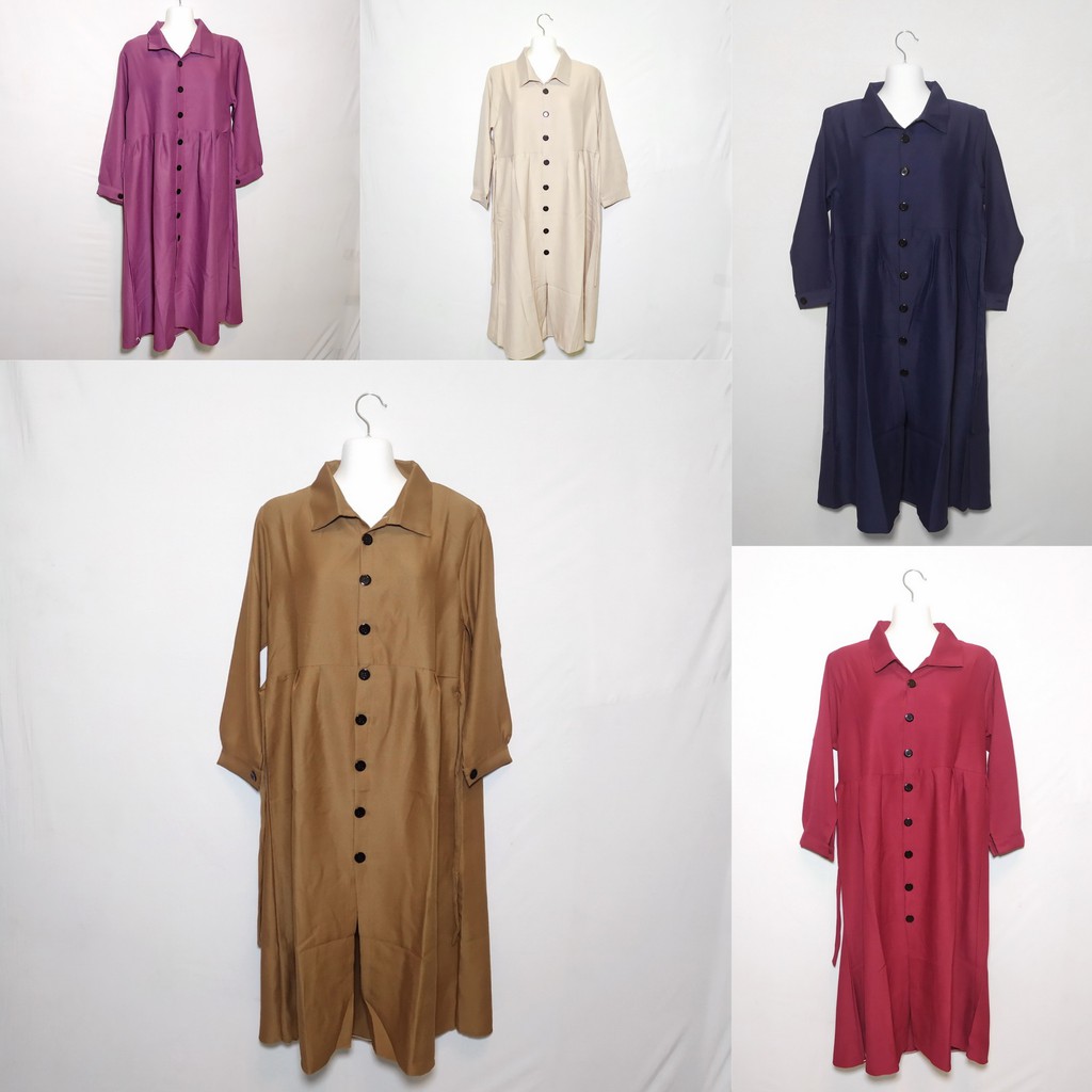 TUNIK PANJANG MUSLIMAH FULL KANCING MODEL TALI PINGGANG