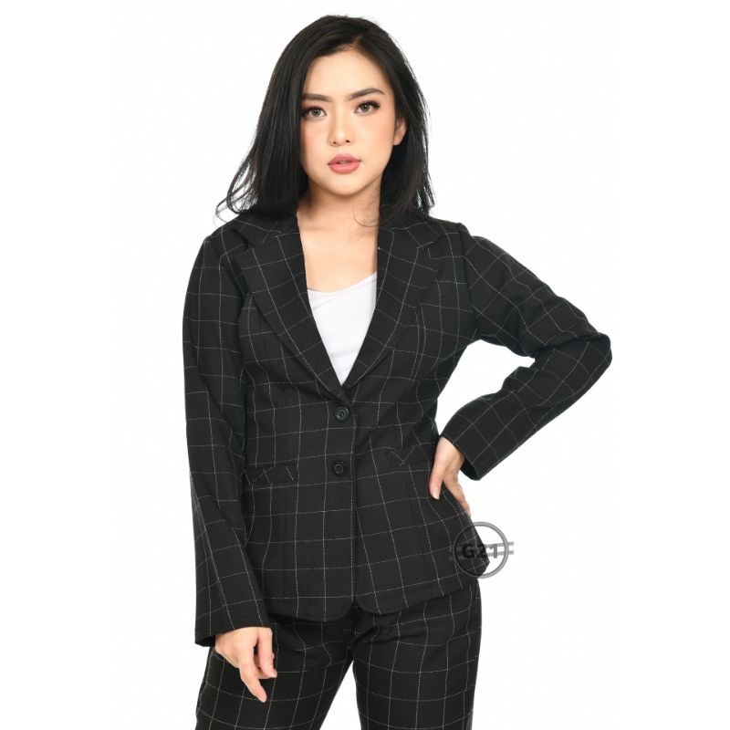 Blazer Kerja Wanita Hitam Kotak-kotak Formal Kantor Lengan Panjang