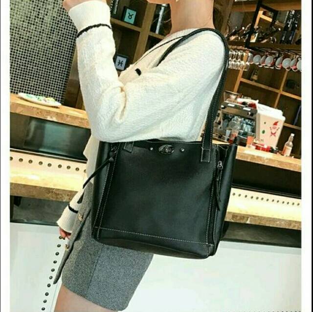 More584 Tas Bahu Wanita Olie Tote Bag PU Black Brown Totebag / Shoulderbag Polos Import Coklat hitam