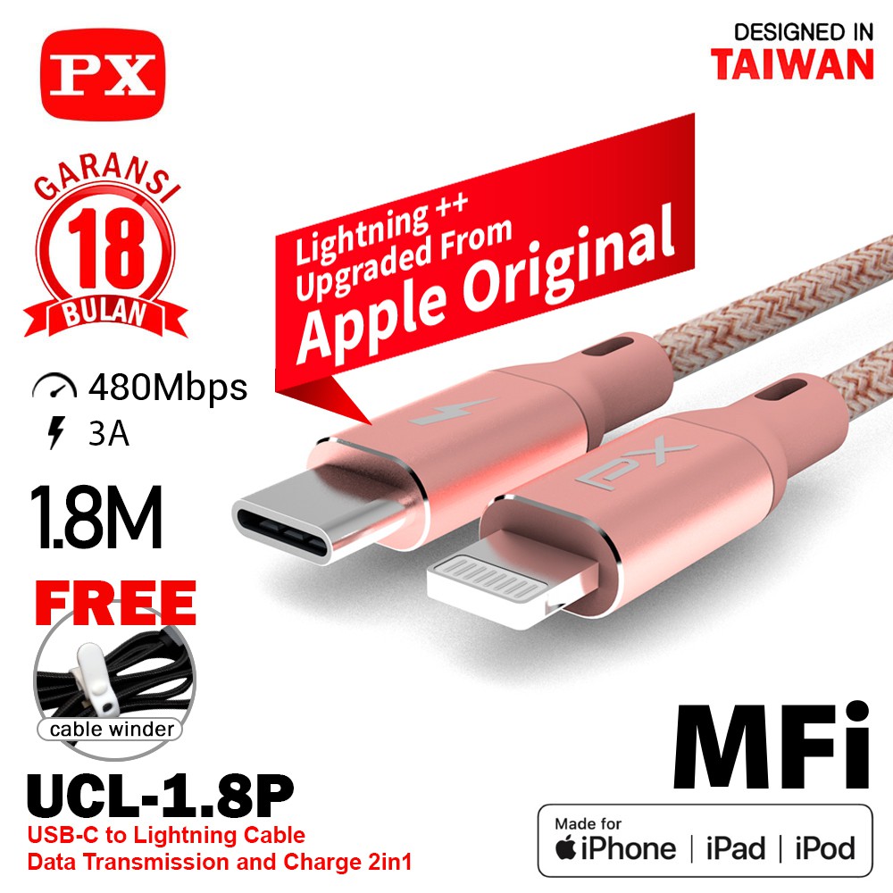 Kabel Charger Fast Charging MFi Lighting to type C 1.8 Meter PX UCL-1.8P