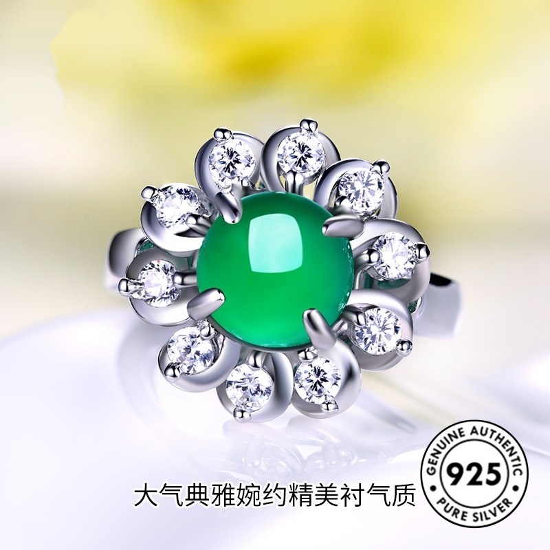 Cincin Sterling Silver 925 Elegan Dengan Batu Giok Hijau Untuk Wanita