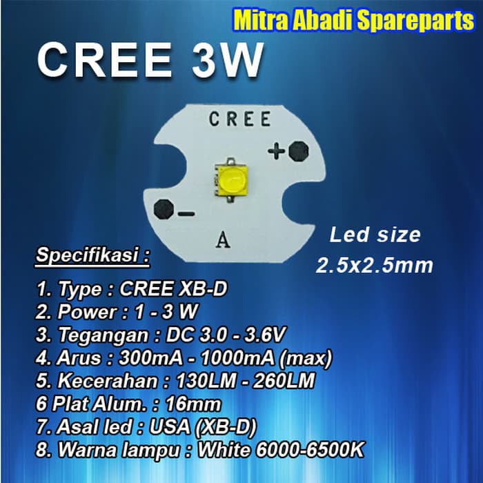 Bagus HPL 3W/High Power LED 3 Watt CREE XB-D White/Putih diameter 16mm Bermutu