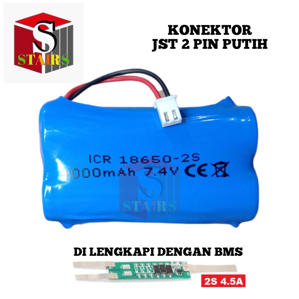 Baterai Speaker Bluetooth / Baterai RC &amp; Elektronik Lainnya 2X 18650-2S 4000mAh 7.4V Protektor BMS 4.5A Konektor JST 2 PIN PUTIH