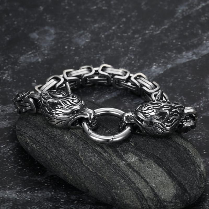 Gelang Rantai Desain Kepala Serigala Bahan Stainless Steel Gaya Retro Punk Rock Untuk Pria