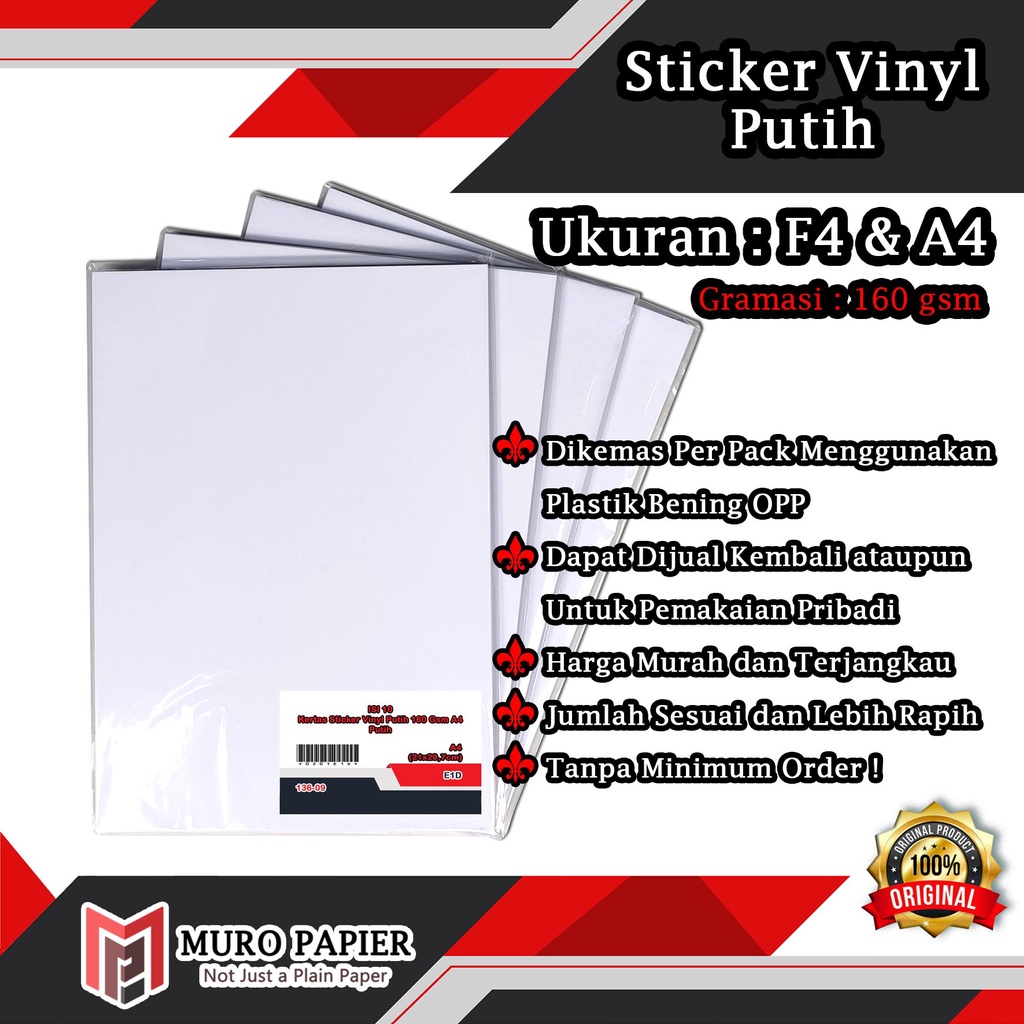

( PER PAK - ISI 10 ) Kertas Sticker Vinyl Putih 160 gsm A4 F4 - by Muro Papier
