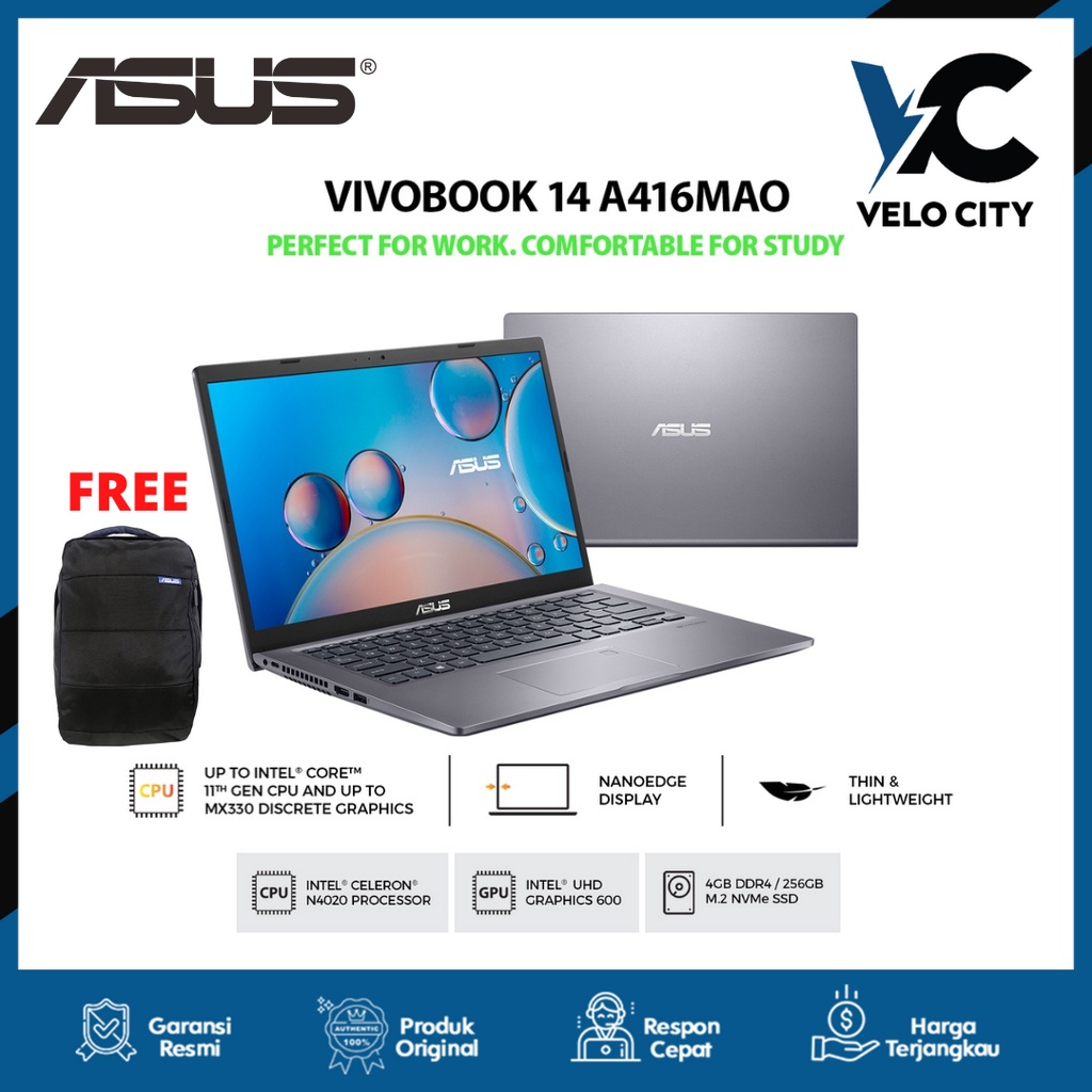 Asus Laptop VivoBook A416MAO-HD422 - Celeron N4020/4GB/256GB SSD/14″ Garansi Resmi ASUS 2 Tahun