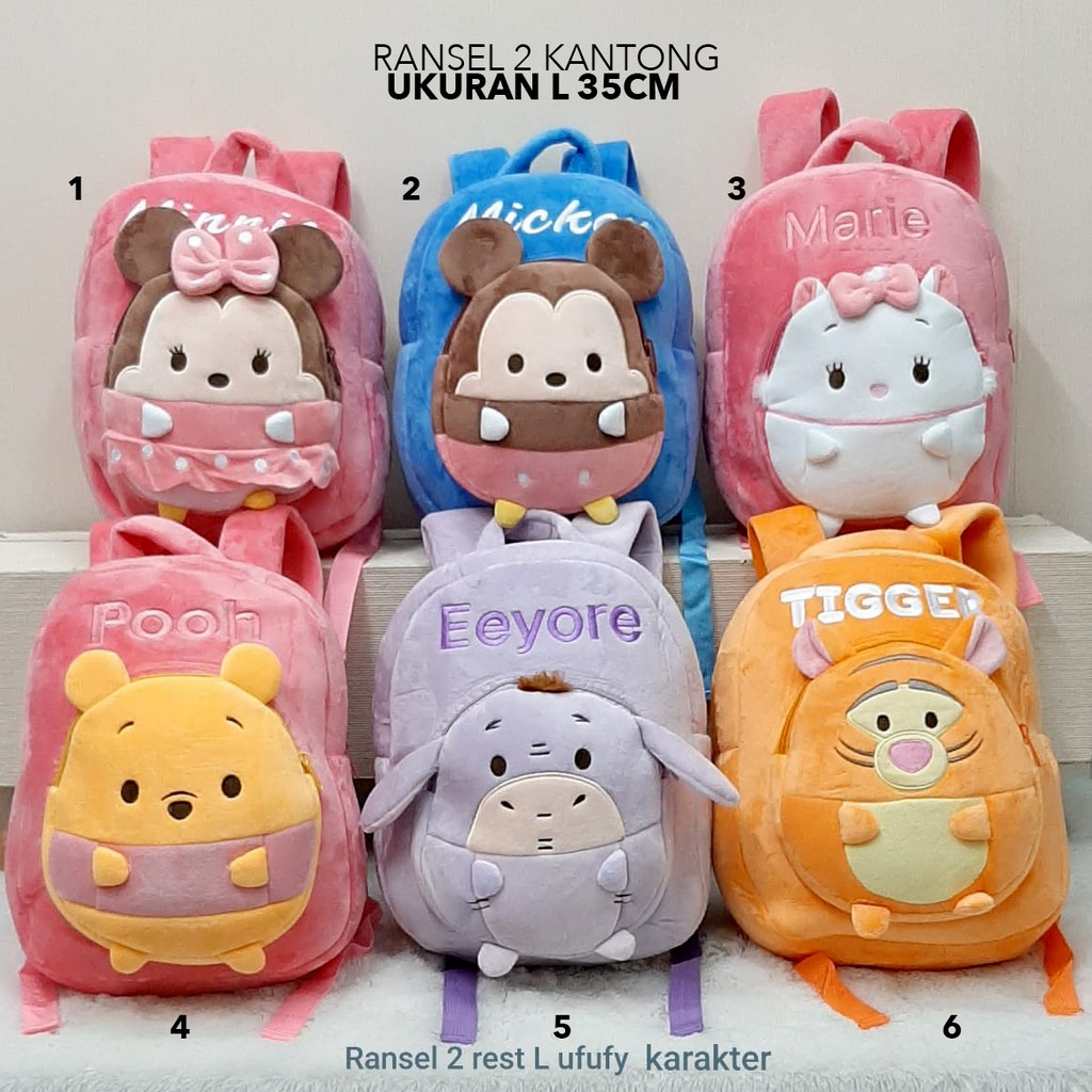 Tas ransel baby n kids sekolah boneka mickey piglet pooh marie cat doraemon hiu donal duck SD SMP tk