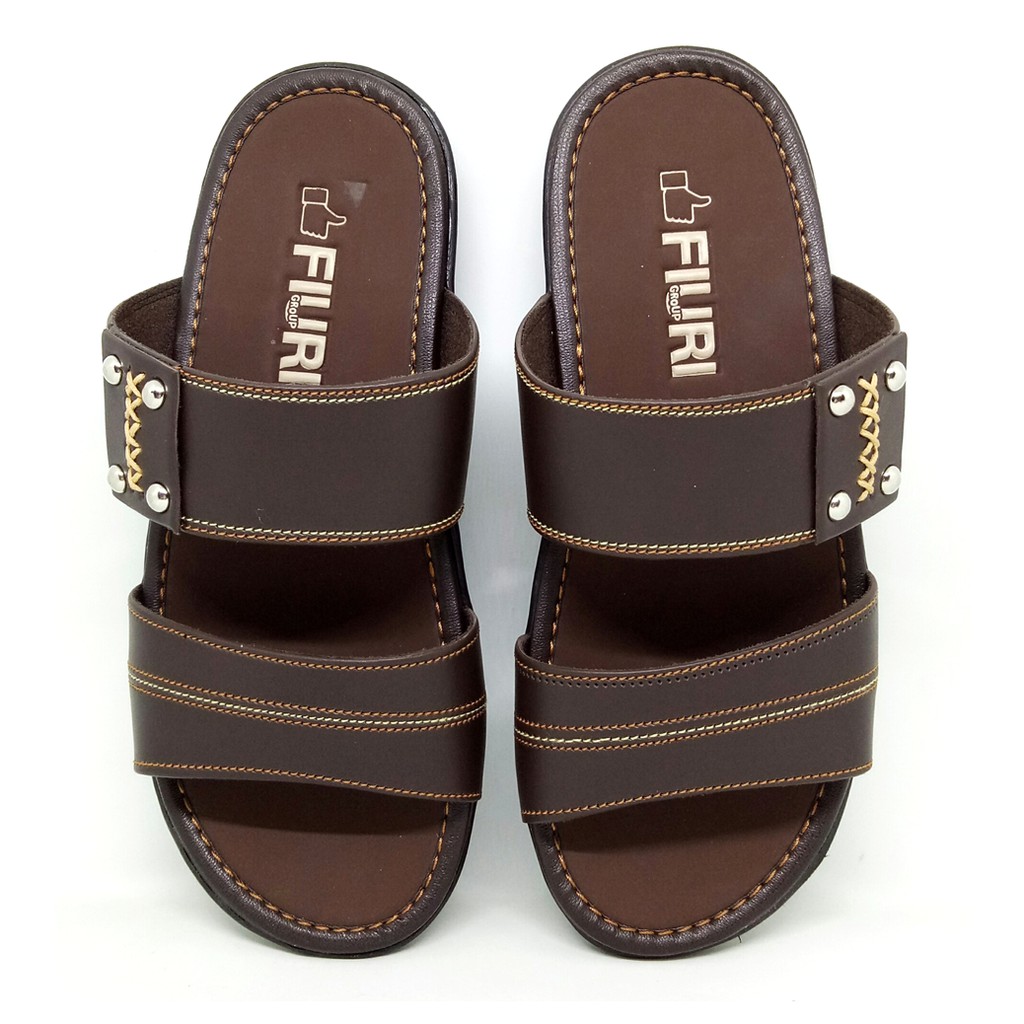FIURI - Sandal Double Slip On Coklat - Sandal Casual Pria Kulit