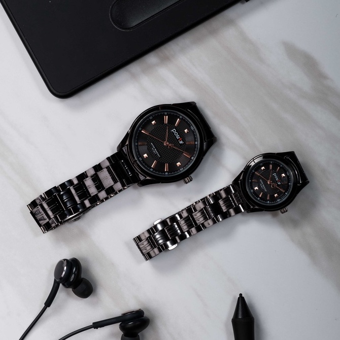 Positif Jam Tangan Rante Hitam Couple Original 100% Mesin & Baterai Ori Jepang