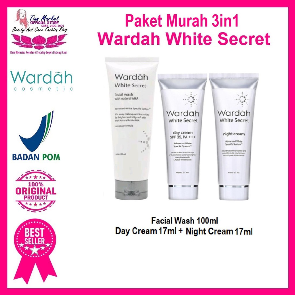 Wardah White Secret Facial Wash Day Night Cream Paket 3in1 Kecil Murah Halam Bpom