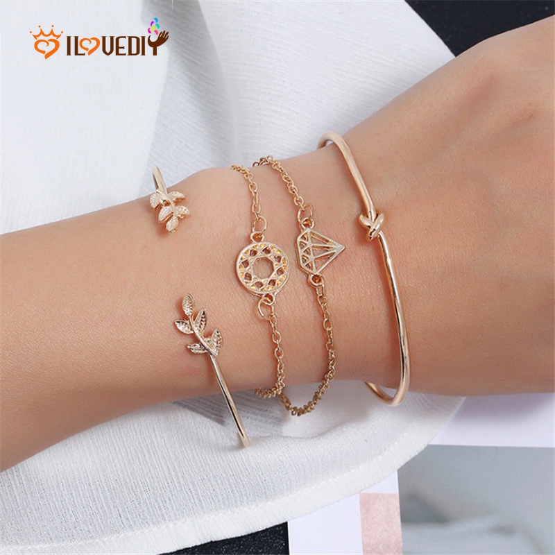 4pcs / Set Gelang Bangle Terbuka Adjustable Desain Daun Gaya Bohemia Untuk Wanita