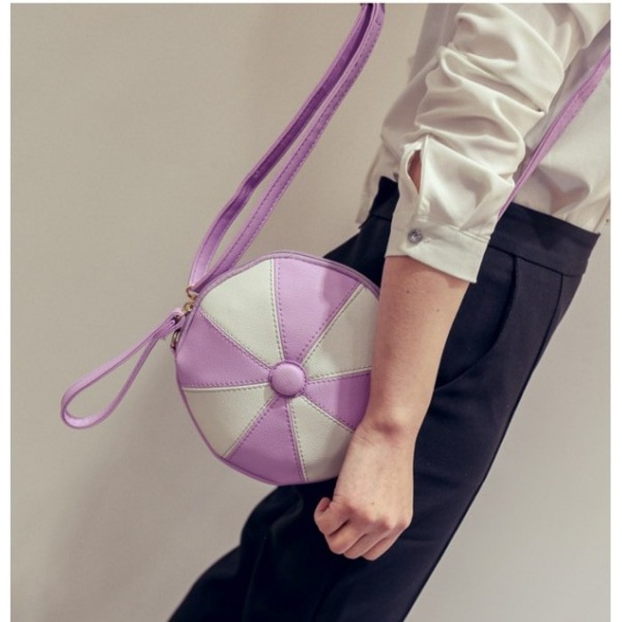 TAS TANGAN JINING WHEEL UNGU WANITA UNIK BULAT KECIL SELEMPANG BRANDED