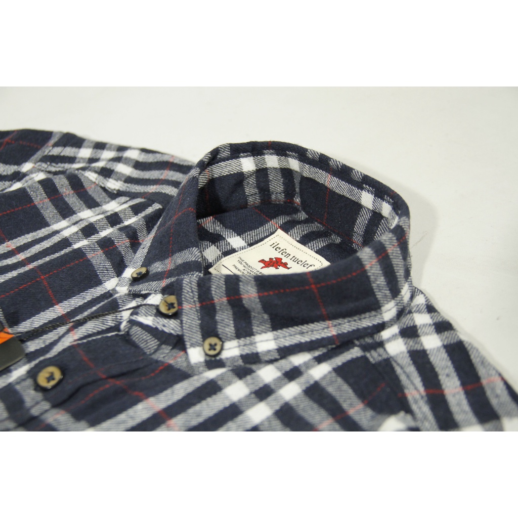 COD Kemeja Flanel Unisex Lengan Panjang Slimfit | Ilefen Tuelef Navy Motif Kotak Putih dan Merah 100% Original Brand