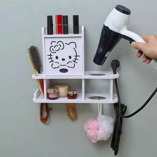 Rak dinding holder hairdryer tempat kosmetik multifungsi