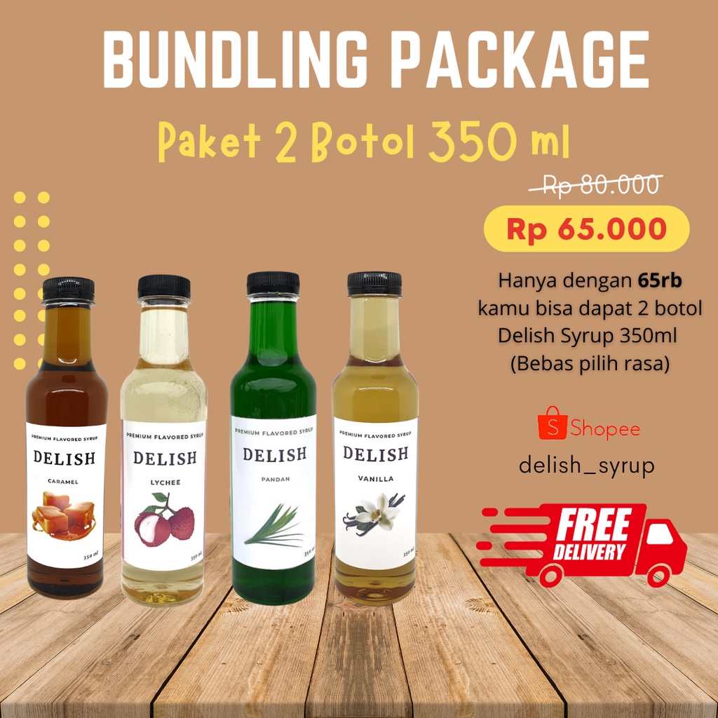 

Syrup Delish 350 ml Bundling 2 Botol Lebih Hemat paket sirup beverages gourmet premium sirup karamel vanila pandan hazelnut lemon leci lychee sirup kaffe latte paket murah kopi minuman kekinian