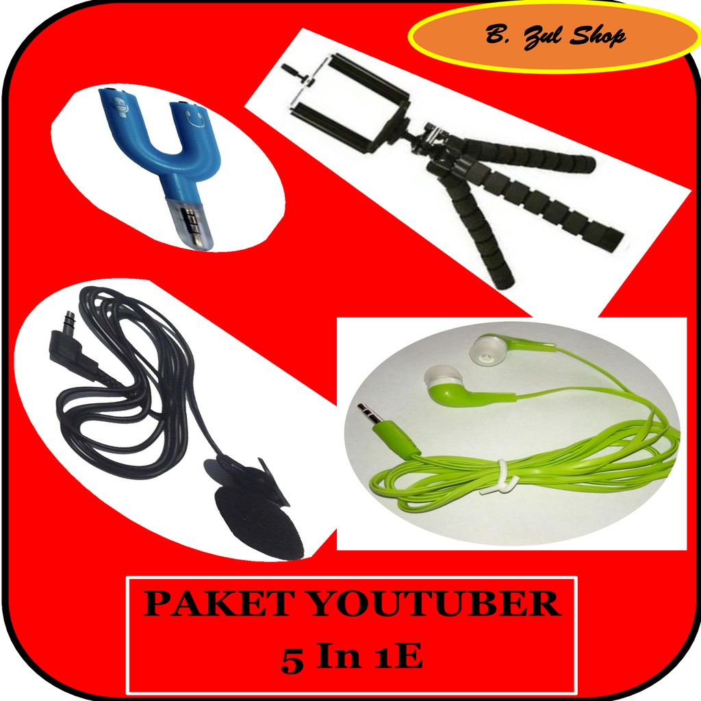 Paket Youtuber / SMULE  5in1, Mini Tripod + U Holder + Clip On Mic + U Splitter + Headset