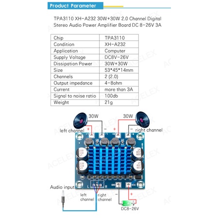 TPA3110 XH-A232 POWER AMPLIFIER CLASS D 30W+30W 2.0 Digital Audio Power Amplifier Board 2x15w PAM8610