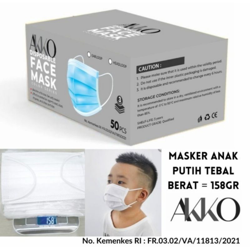 MASKER ANAK PUTIH AKKO 3PLY EARLOOP PUTIH dan BIRU TEBAL HALUS AMAN UNTUK ANAK
