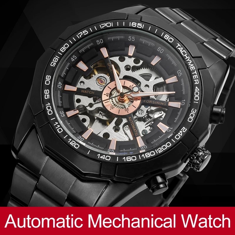 Jam Tangan Mekanik Automatic Forsining Skeleton Movement Sporty Bisnis All Black