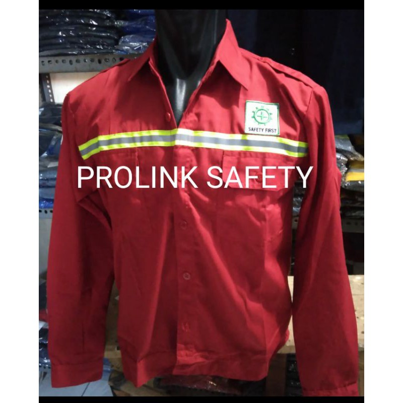 SERAGAM SAFETY MERAH KANCING FREE LOGO K3 BENDERA