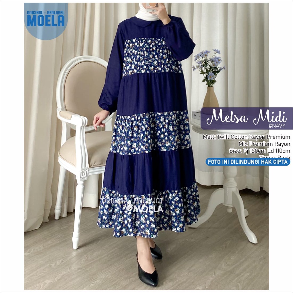 midi MELSA by ORIGINAL MOELA ld 110cm fashion premium cotton rayon mix twill kombinasi zipper MUSLIM