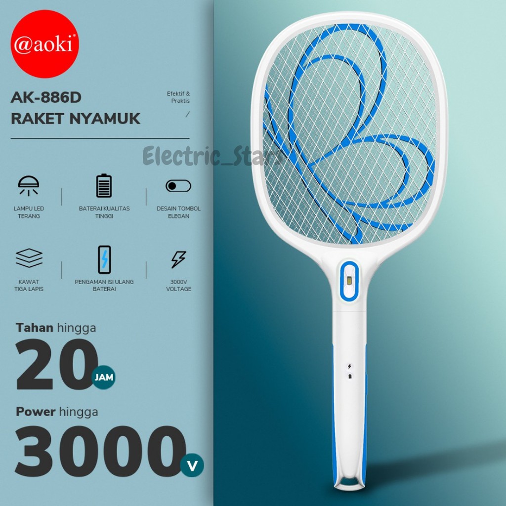 Aoki Raket Nyamuk Charge Dilengkapi Lampu LED AK886D