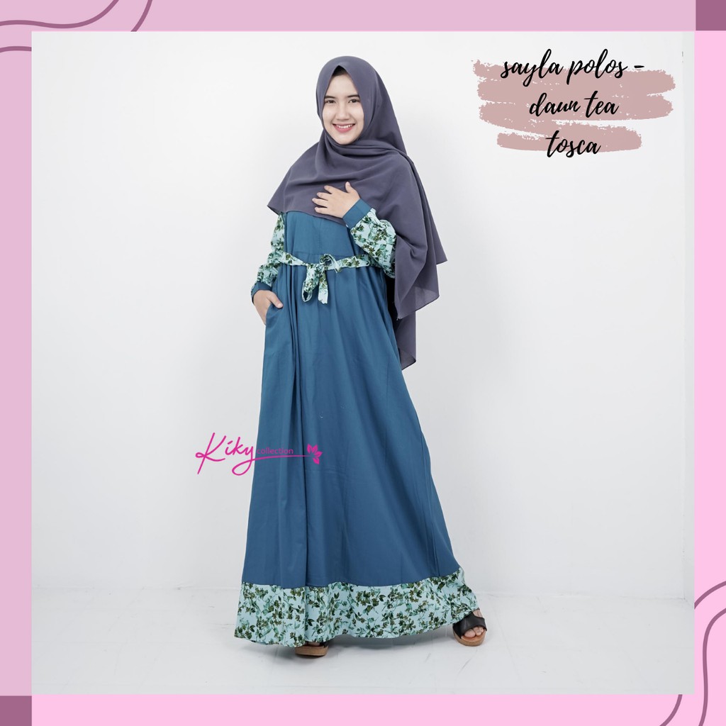 Baju Gamis Wanita Dress Sayla Muslim Remaja Fashion Syari Pakaian Syar i Perempuan Kekinian Murah Terbaru Motif Katun Jepang Ori Modern-Pls-Daun Tea Tosca