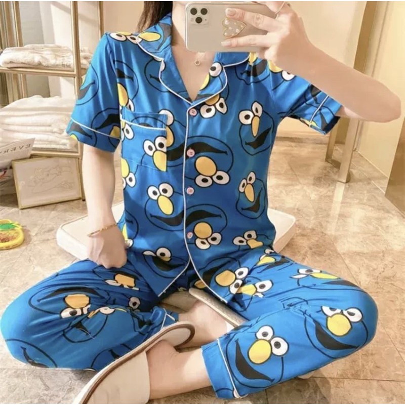 JC- PIYAMA SET Import CP / Piyama wanita Import terbaru / Piyama Import Korean Style-Elmo Blue CP