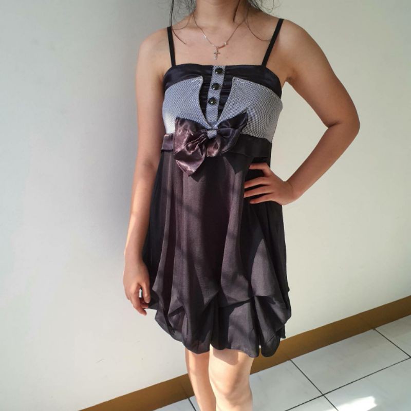 [Preloved] Baju Dress Party Kondangan Pita Hitam Polos Tali Kancing Renda Fashion Kekinian Wanita
