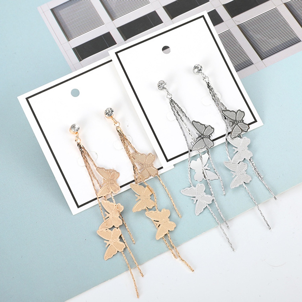Hu Hu Hu Hu Hu Alat Bantu Pasang Kacamata♡ Anting Tusuk Gantung Panjang Desain Kupu-Kupu Hias Berlian Imitasi Untuk Wanita