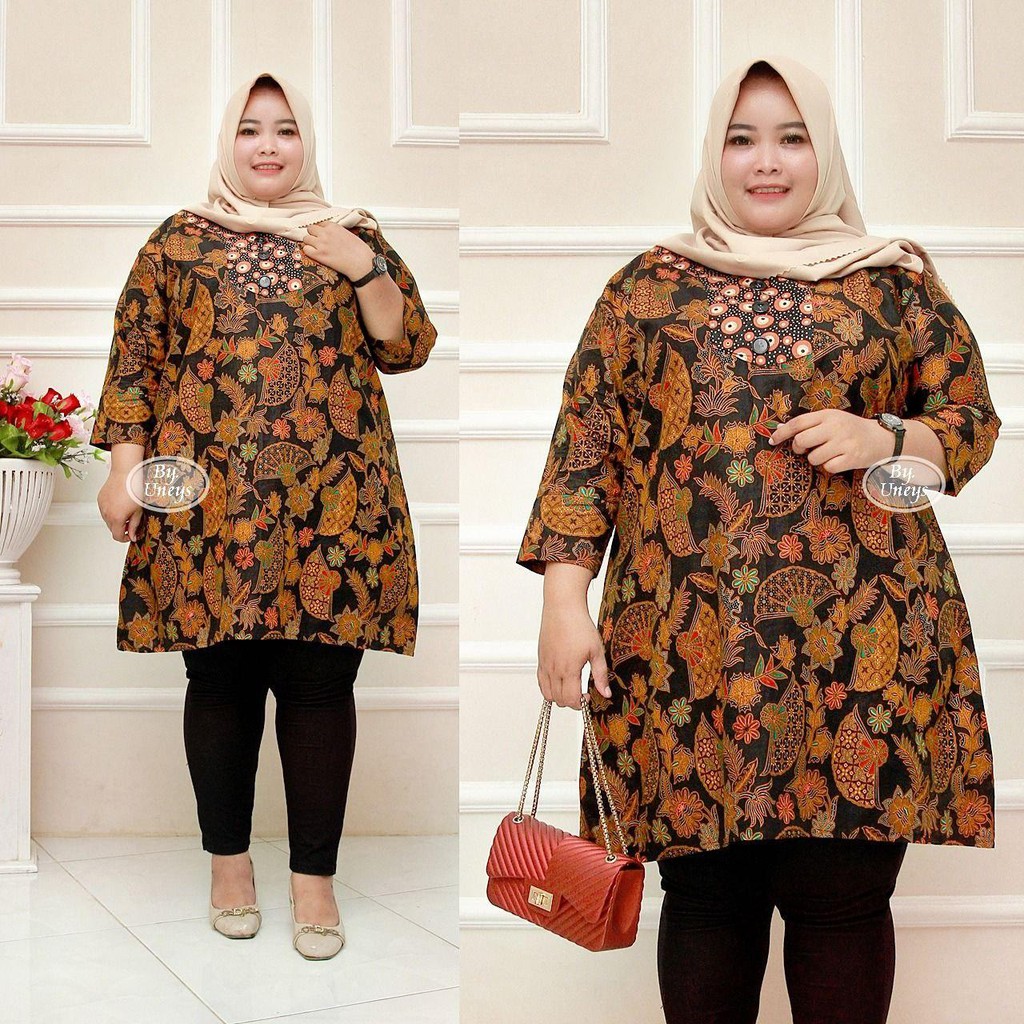 Tunik Batik Wanita Ukuran Jumbo LD 140cm Resleting Belakang Bahan Katun Adem Di Pakai Serap Keringat