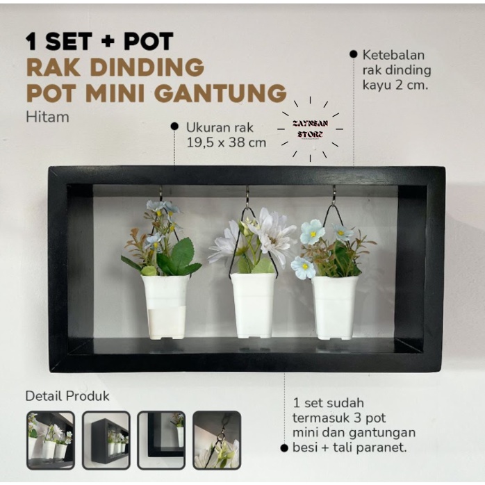 Rak Dinding Pot Mini Gantung Hiasan Tembok Dekorasi Tempel  Minimalis Kayu Hitam