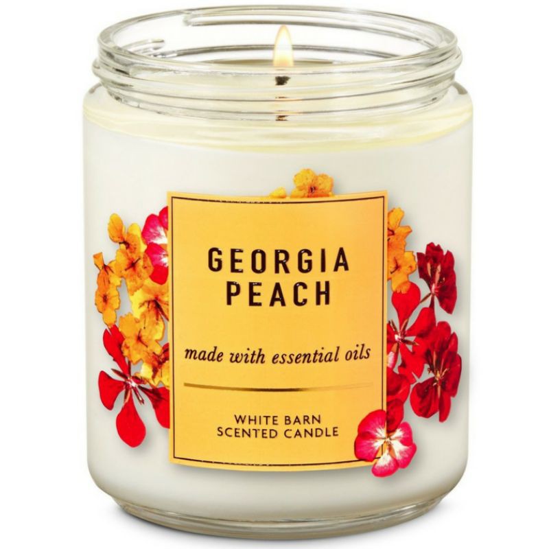 BATH &amp; BODY WORKS BBW GEORGIA PEACH MADE WITH ESSENTIAL OILS WHITE BARN 1 SINGLE WICK SCENTED CANDLE 198 G PENGHARUM RUANGAN