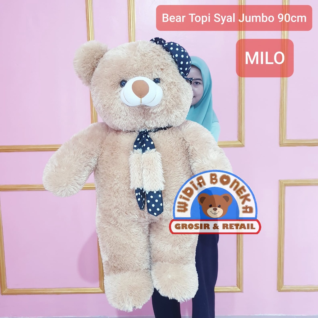 Boneka Beruang Teddy Bear Syal Topi Jumbo 90 cm