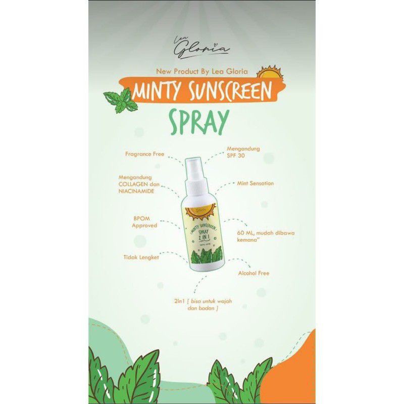 MINTY SUNSCREEN SPRAY 2IN1 BY LEA GLORIA 60ML | SUN SCREEN BLOCK SPF 30 (✔️BPOM)