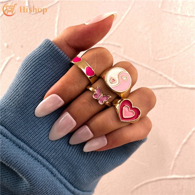 4pcs / Set Cincin Desain Kupu-Kupu Hati Warna Pink Untuk Wanita