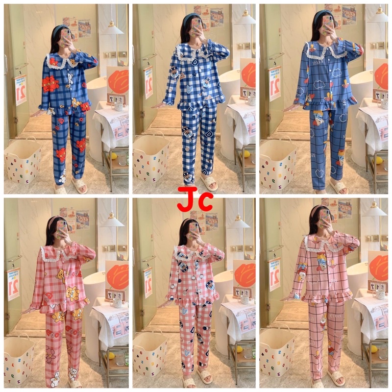 JC NEW Set Piyama Kerah Babydoll Import PP / Piyama Panjang Muslimah   / grosir Piyama wanita Import
