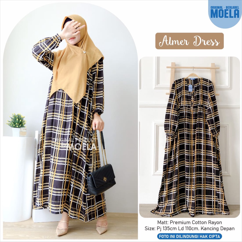 LD 110 ALMER DRESS ORI MOELA GAMIS PREMIUM COTTON RAYON PJ 135 KANCING DEPAN MOTIF GARIS KOTAK ALLSI