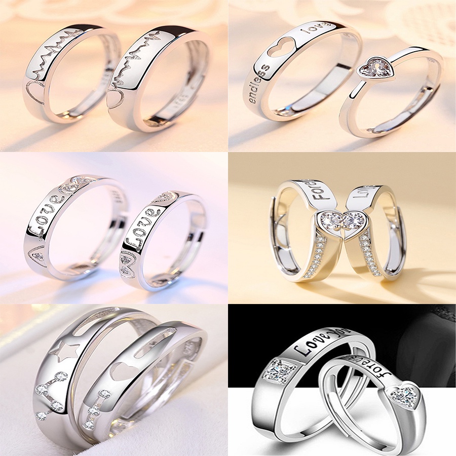 ECG Love Heart Zircon Hollow Opening Adjustable Anti-rust Waterproof Couple Ring Joint Ring Set Korean Fashion Jewelry Gift Best Accessories for Boys and Girls Friends