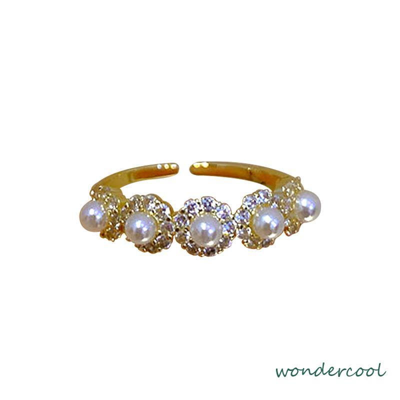 Double-layer Retro Pearl Diamond Ring Niche Light Desain Mewah Cincin Dapat Disesuaikan Terbuka-Won