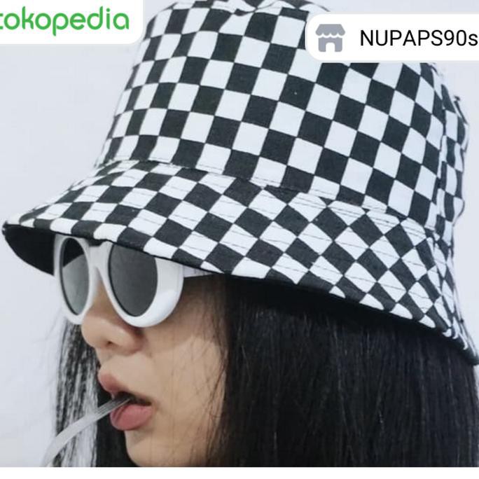 Versi Anak Dewasa Topi Bucket Hat Polos Custom Catur Kotak Vans Hitam Putih Unisex Hype Pria Wanita