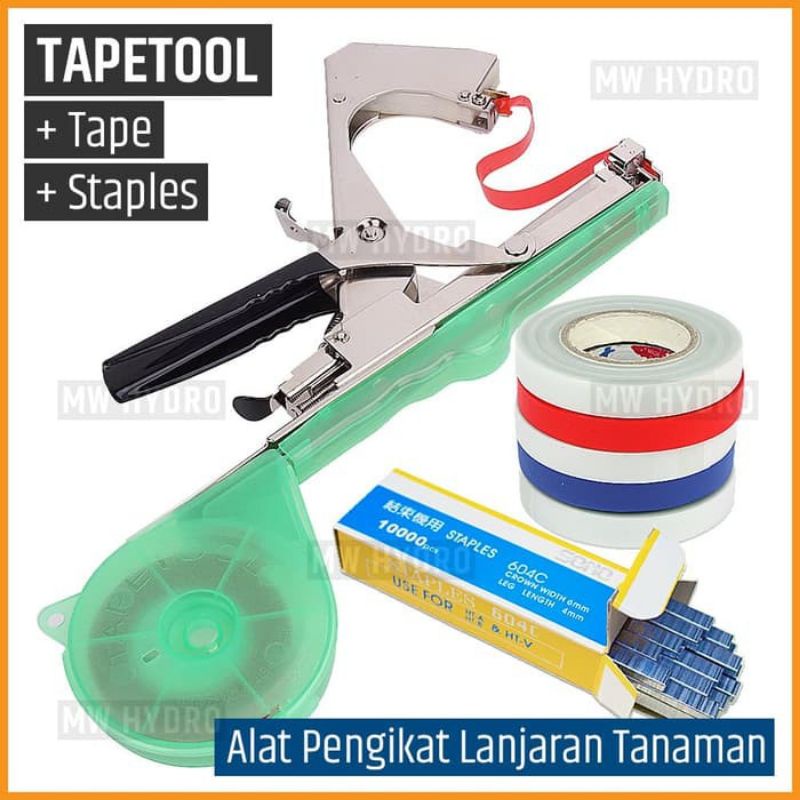 Tapetool Tape tool Alat Pengikat Lanjaran Tanaman  (Paket KOMPLIT 1 Tepetool 5 Pita 1 box Staples)