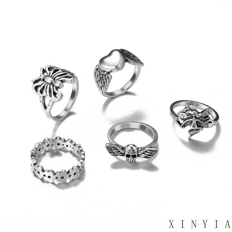 【COD】5pcs / Set Cincin Model Terbuka Desain Kupu-Kupu Hati Hollow Out Gaya Vintage