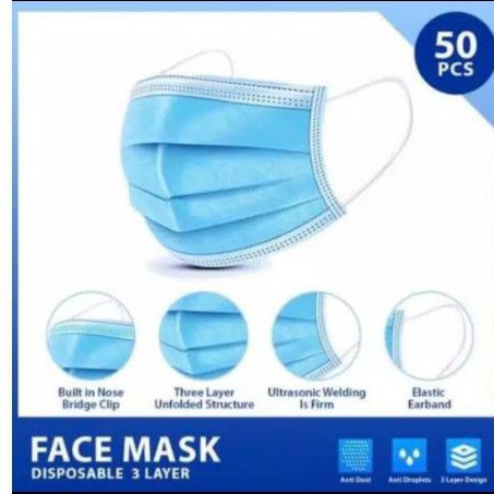 Masker 3 ply Earloop isi 50 pcs Face Mask Murah